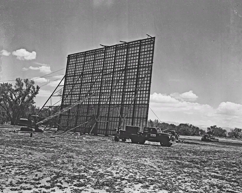The Tru-Vu screen tower under construction, before the 1955 opening