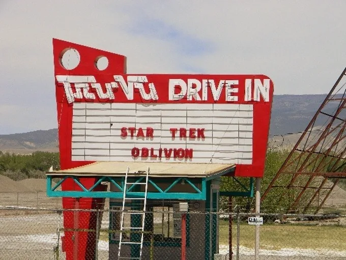 The Tru-Vu marquee still lit and in use, a recent double feature announced